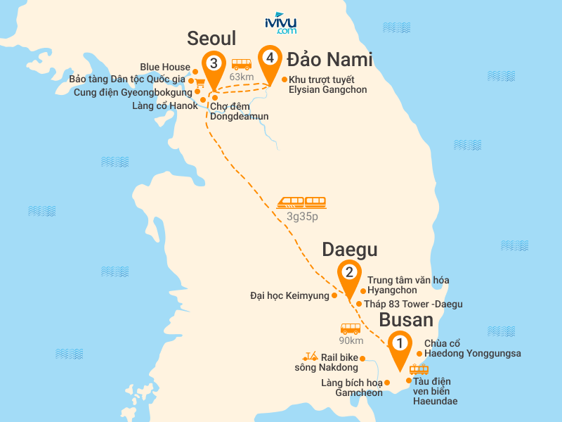 Bản đồ Tour Hàn Quốc 5N5Đ: HCM - Busan - Daegu - Seoul - Làng Bích Họa Gamcheon - Đảo Nami