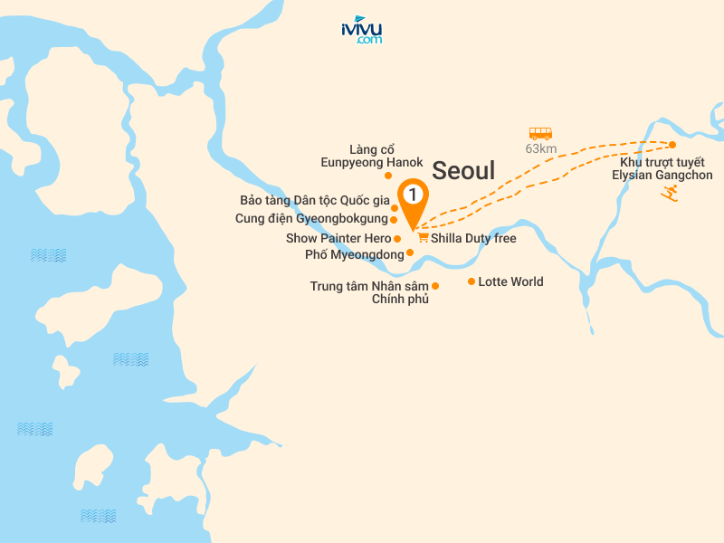 Bản đồ Tour Tết Hàn Quốc 5N4Đ: HCM - Công Viên Lotte World - Trượt Tuyết Elysian Gangchon