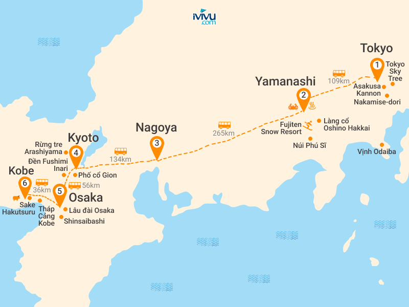 Bản đồ Tour Nhật Bản 6N5Đ: HCM - Narita - Tokyo - Yamanashi - Kyoto - Trượt Tuyết Fujiten