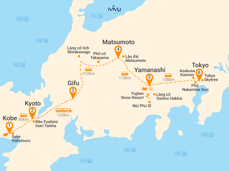 Bản đồ Tour Nhật Bản 6N5Đ: HCM - Kansai - Osaka - Matsumoto - Tokyo - Làng Cổ Shirakawago - Trượt tuyết Fujiten