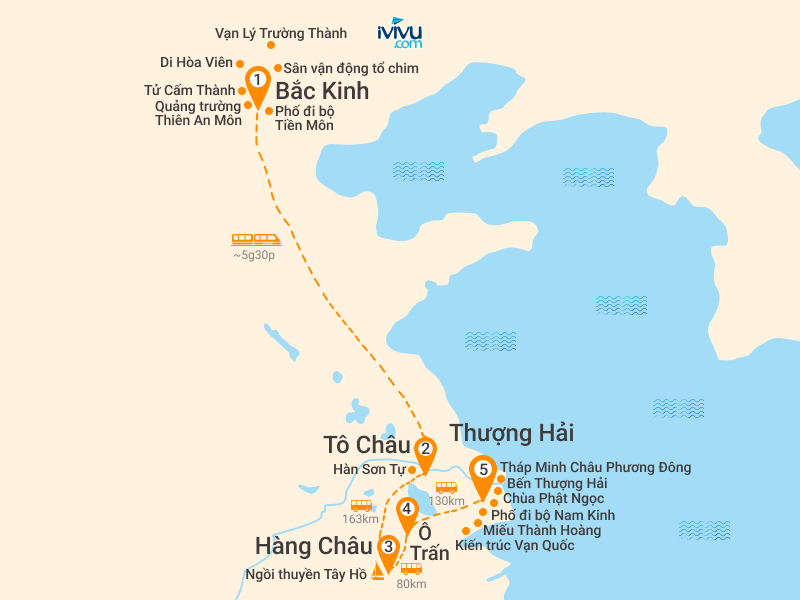 Bản đồ Tour Trung Quốc 7N7Đ: HCM - Bắc Kinh - Tô Châu - Hàng Châu - Ô Trấn - Thượng Hải - No Shopping