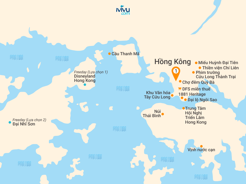 Bản đồ Tour Hồng Kông 4N3Đ: HCM - Vịnh Nước Cạn - Free Day - Trải Nghiệm Disneyland (Option)