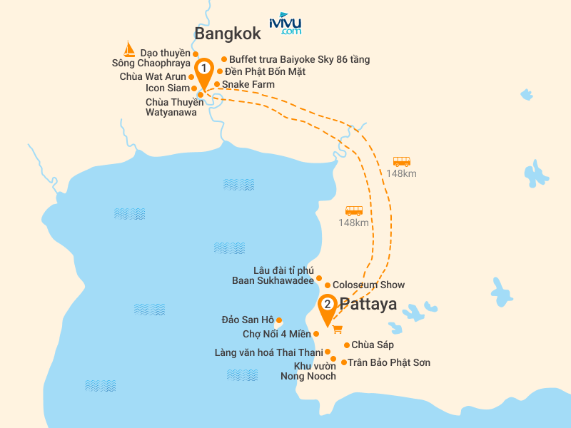 Bản đồ Tour Thái Lan 5N4Đ: Bangkok - Pattaya - Lâu Đài Tỉ Phú - Chùa Bình Minh - Nongnooch Garden