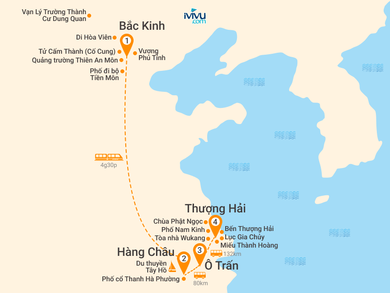 Bản đồ Tour Trung Quốc 6N5Đ: HCM - Bắc Kinh - Thượng Hải - Hàng Châu - Ô Trấn - No Shopping