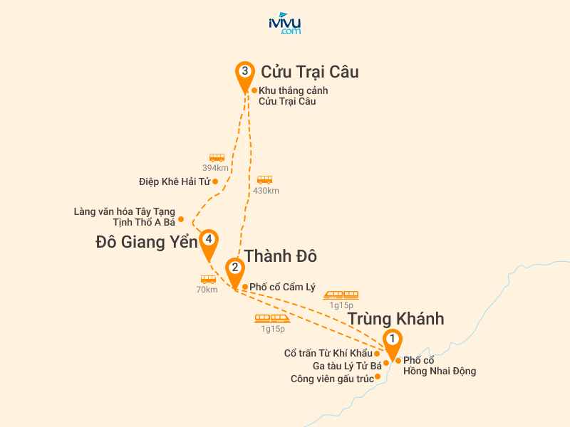 Bản đồ Tour Trung Quốc 6N5Đ: Hà Nội - Trùng Khánh - Hồng Nhai Động - Công Viên Gấu Trúc - Cửu Trại Câu - Từ Khí Khẩu