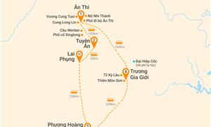 Bản đồ lịch trình Tour Trung Quốc 6N5Đ: HCM - Ân Thi - Tuyên Ân - Phượng Hoàng Cổ Trấn - Thiên Môn Sơn