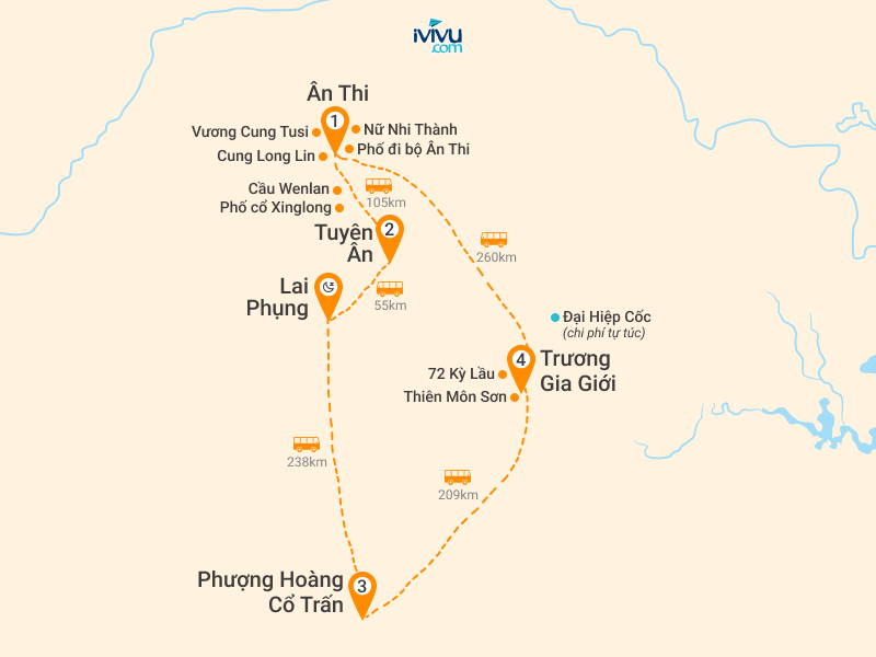Bản đồ Tour Trung Quốc 6N5Đ: HCM - Ân Thi - Tuyên Ân - Phượng Hoàng Cổ Trấn - Thiên Môn Sơn