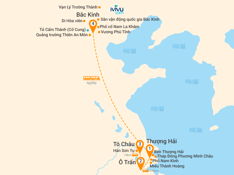 Bản đồ Tour Trung Quốc 6N5Đ: Hà Nội - Thượng Hải - Ô Trấn - Tô Châu - Bắc Kinh - No Shopping