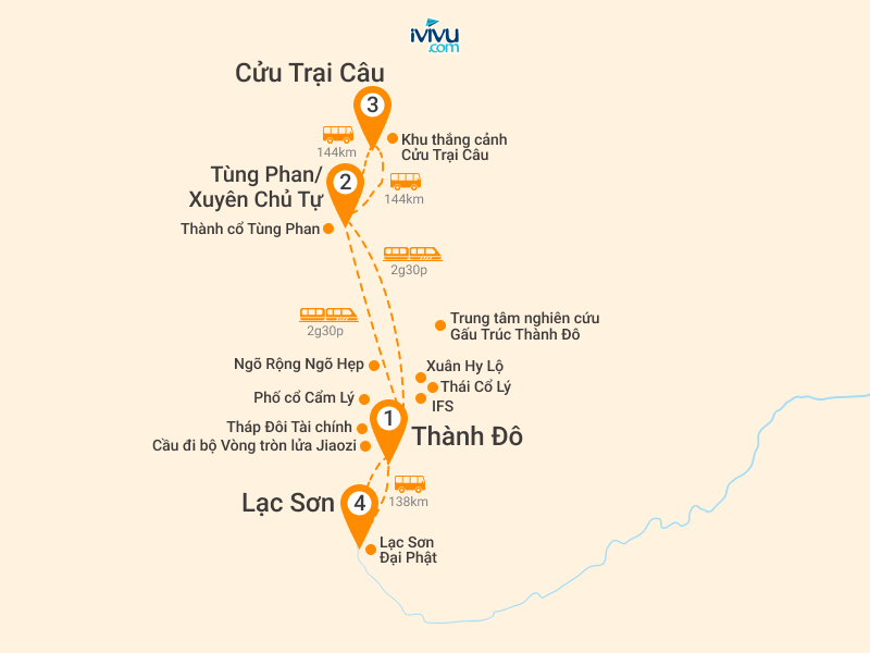 Bản đồ Tour Trung Quốc 6N5Đ: HCM - Thành Đô  - Công Viên Gấu Trúc - Cửu Trại Câu - Lạc Sơn Đại Phật - No Shopping
