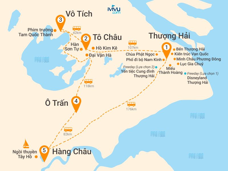 Bản đồ Tour Trung Quốc 5N5Đ: HCM - Freeday - Thượng Hải - Vô Tích - Ô Trấn - Hàng Châu - No Shopping