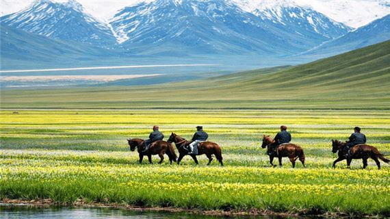 Khung cảnh thảo nguyên xanh mướt ở Tân Cương.