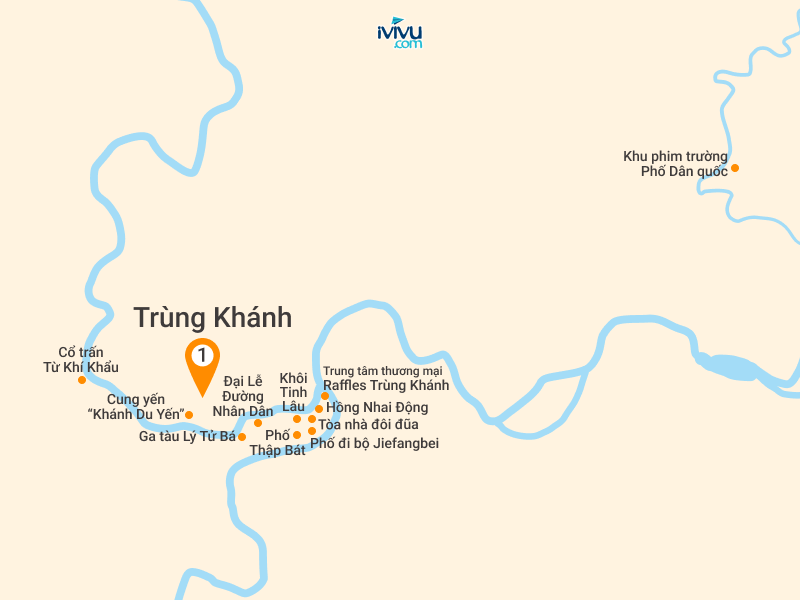 Bản đồ Tour Trung Quốc 4N3Đ: Hà Nội - Trùng Khánh - Yến Tiệc Cung Đình - Hồng Nhai Động - No Shopping