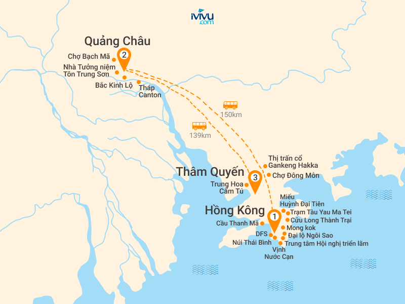 Bản đồ Tour Hồng Kông 5N4Đ: HCM - Quảng Châu - Thẩm Quyến